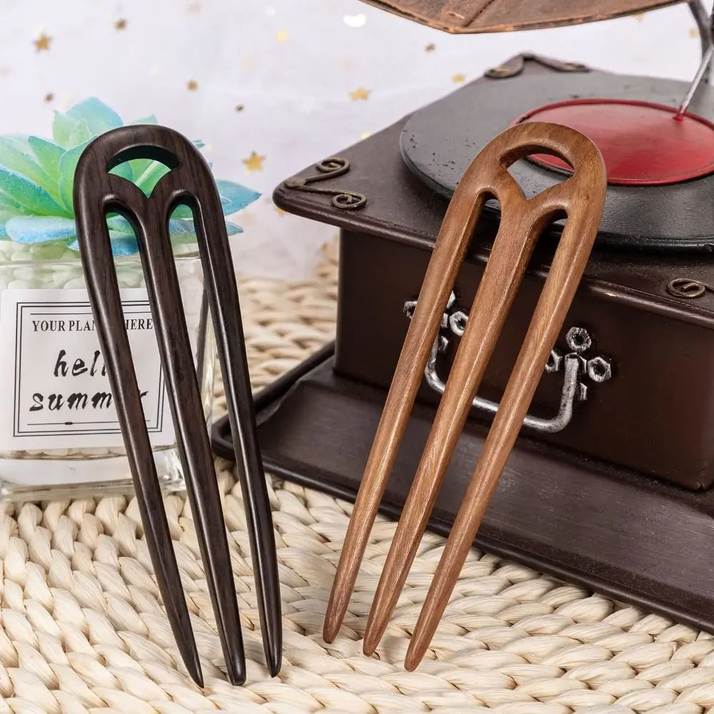 Fashion Wooden Hair Forks Handmade Carved 3 Prong French Hair Chopsticks Hair Accessory Ebony Sandalwood Retro Hair Sticks Women