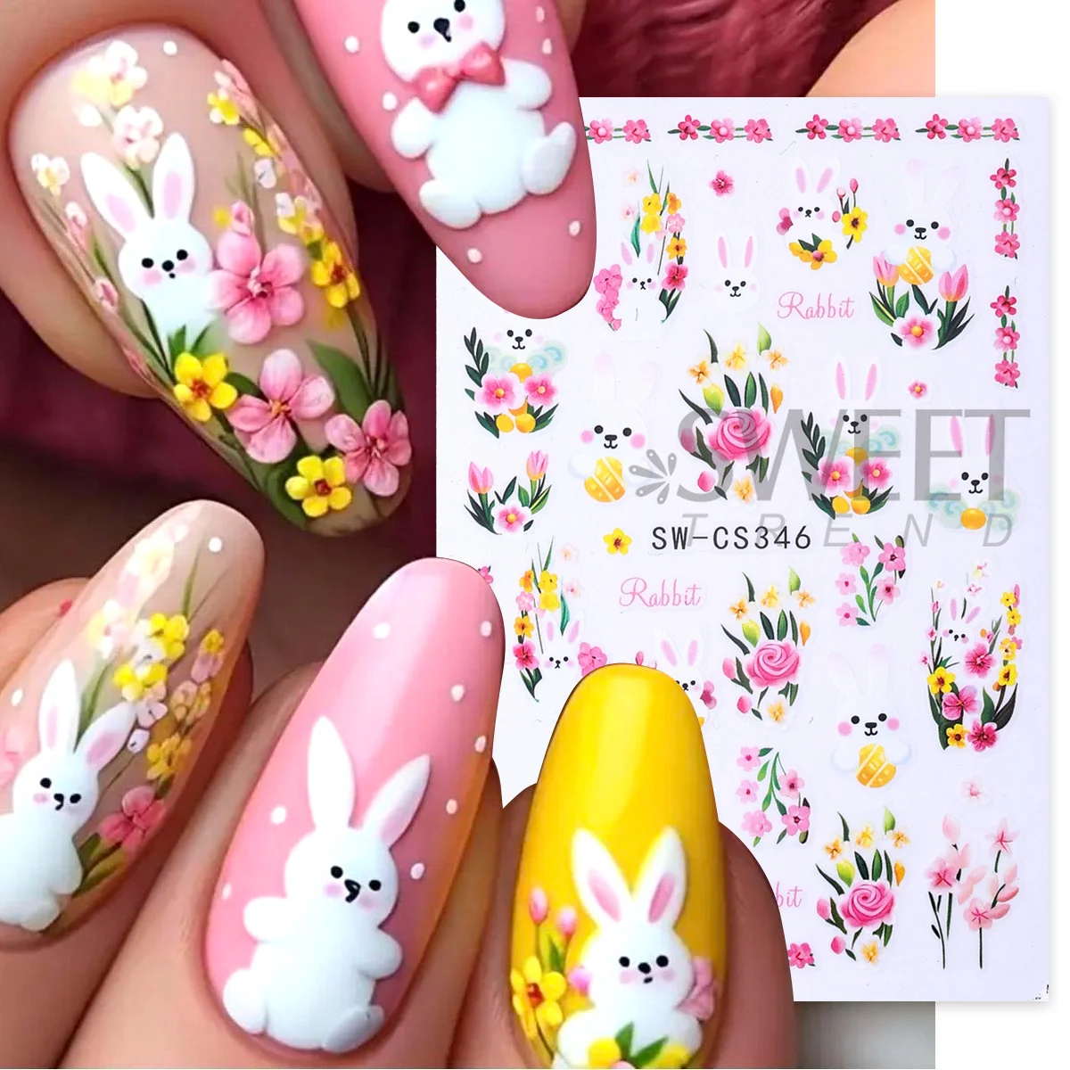 2pcs Adorable Rabbit Nail Stickers Spring Bunny Flowers Tulip Rose Bee Design Sliders Easter Theme Trending Young Manicure Decal