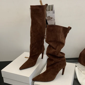 Aneikeh Fashion Winter Pointed Toe Knee-High Women Boots Thin Heels Shoes Female Punk…