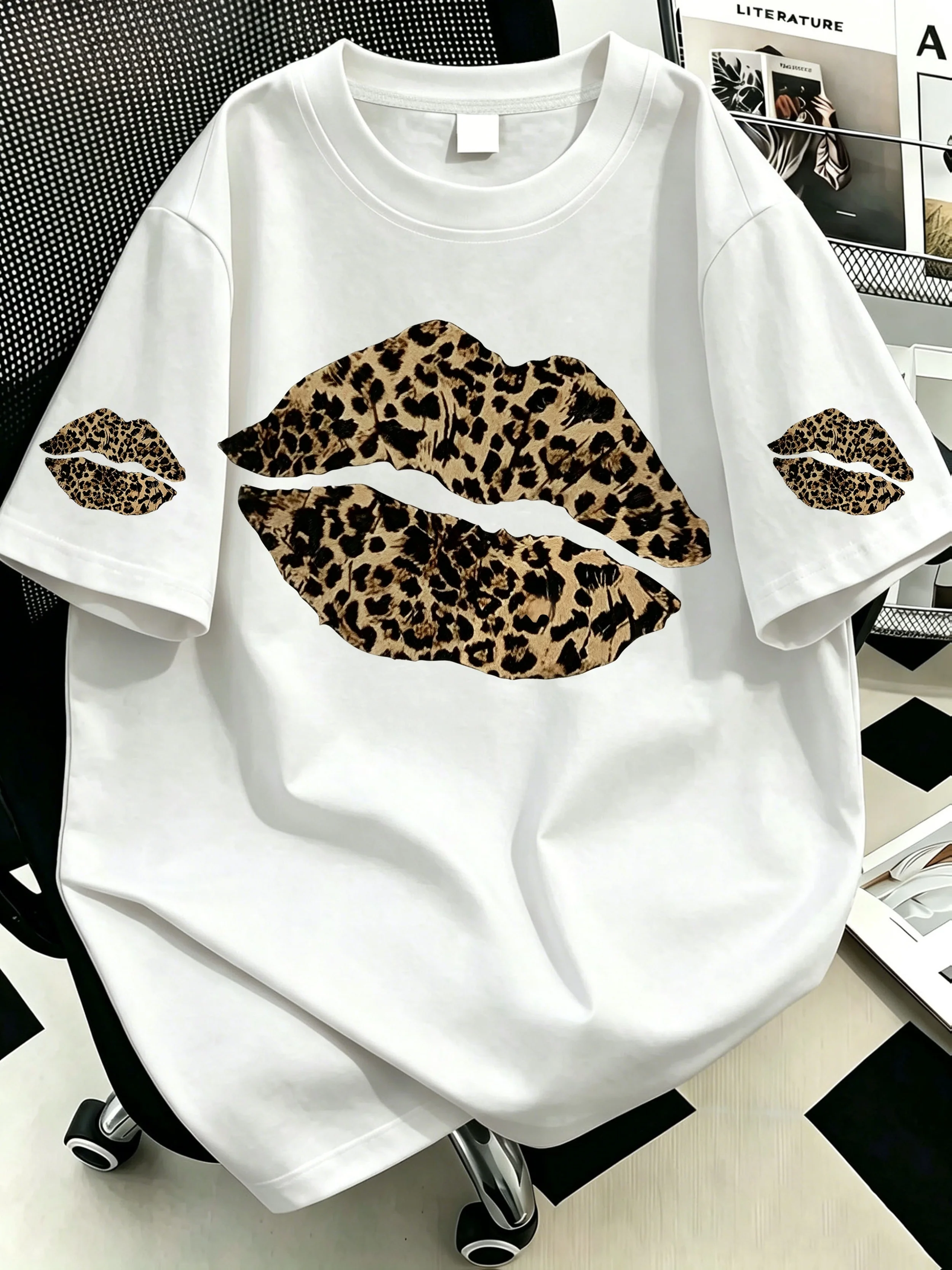 Summer women's T-shirt with leopard print lips light and breathable casual European and American street style clothing