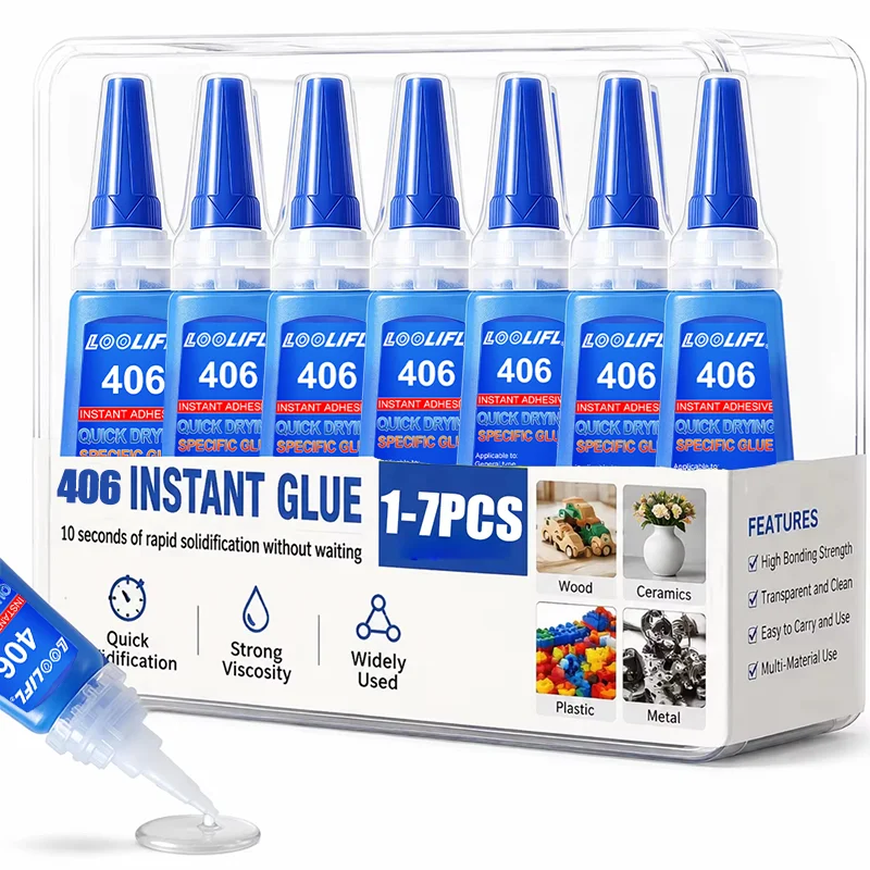 Loolifl406 Instant Glue 1-7 Pack Super Glue, 10-Second Fast-Curing Transparent Cyanoacrylate Adhesive, Strong Viscosity, Suitable for Multiple Materials Such as Plastic, Metal, Wood, Universal Quick-Drying Glue for Ceramic DIY and Manual Repairs, High Bonding Strength, Transparent Fast-Drying Super Glue