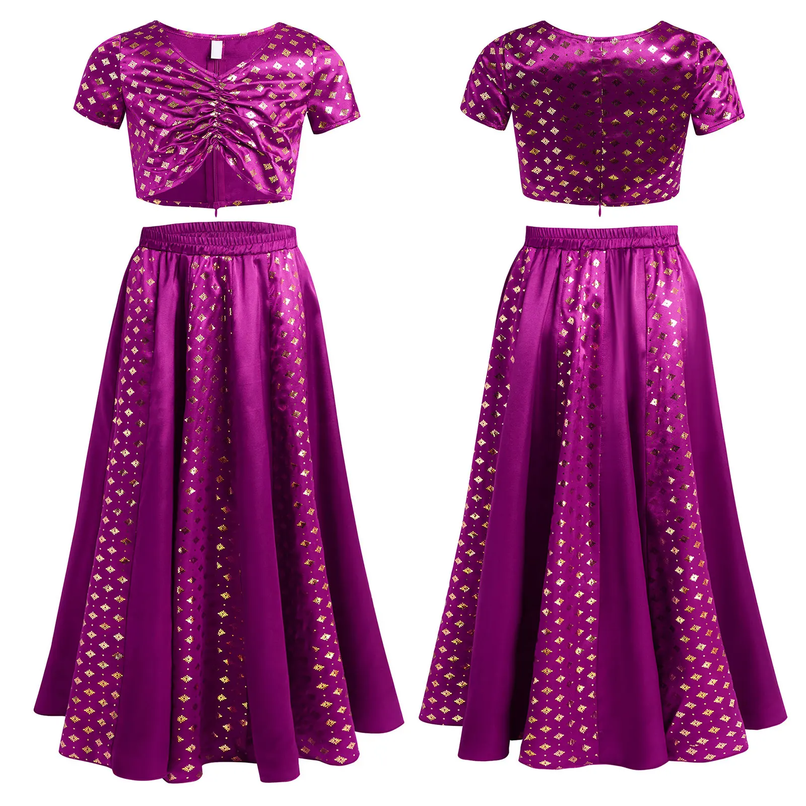 สาวอินเดีย Lehenga Choli ชุดแขนสั้นพิมพ์ลายดอกไม้เมทัลลิคซาติน Crop Top พร้อมกระโปรงสําหรับ Halloween Masquerade Role Play