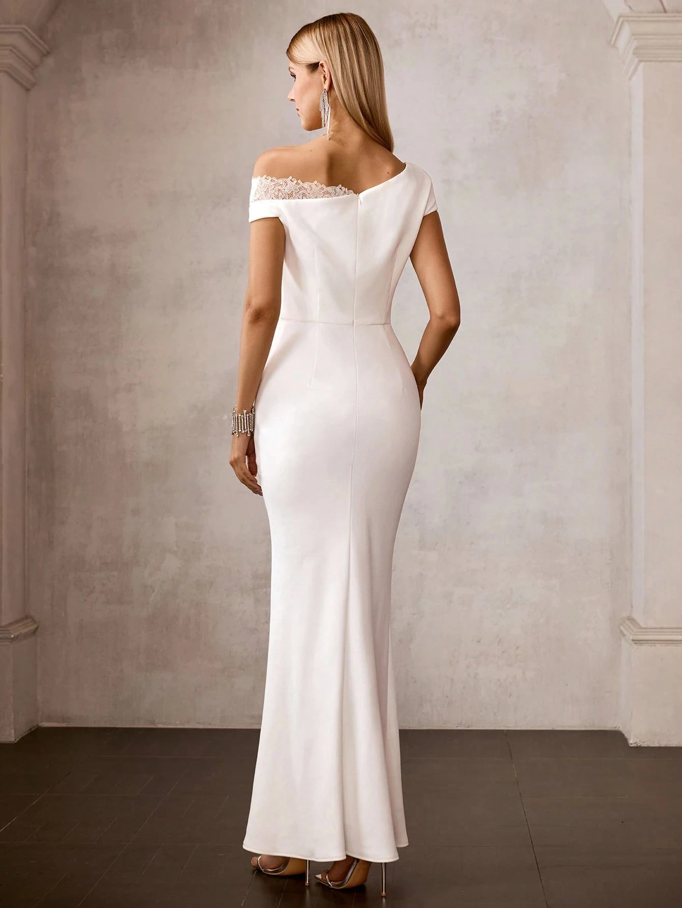 Elegant Off Shoulder Dress Asymmetrical Lace Patchwork Pleated Split Long Women's Evening Party Dresses 2026 New Fashion