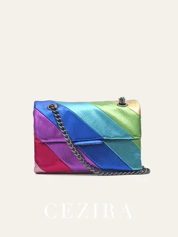 Women Fashion Metallic Rainbow Color Stripes PU Vegan Leather Bag Small Square Magnet Flap Cover Metal Chain Cross body Daily