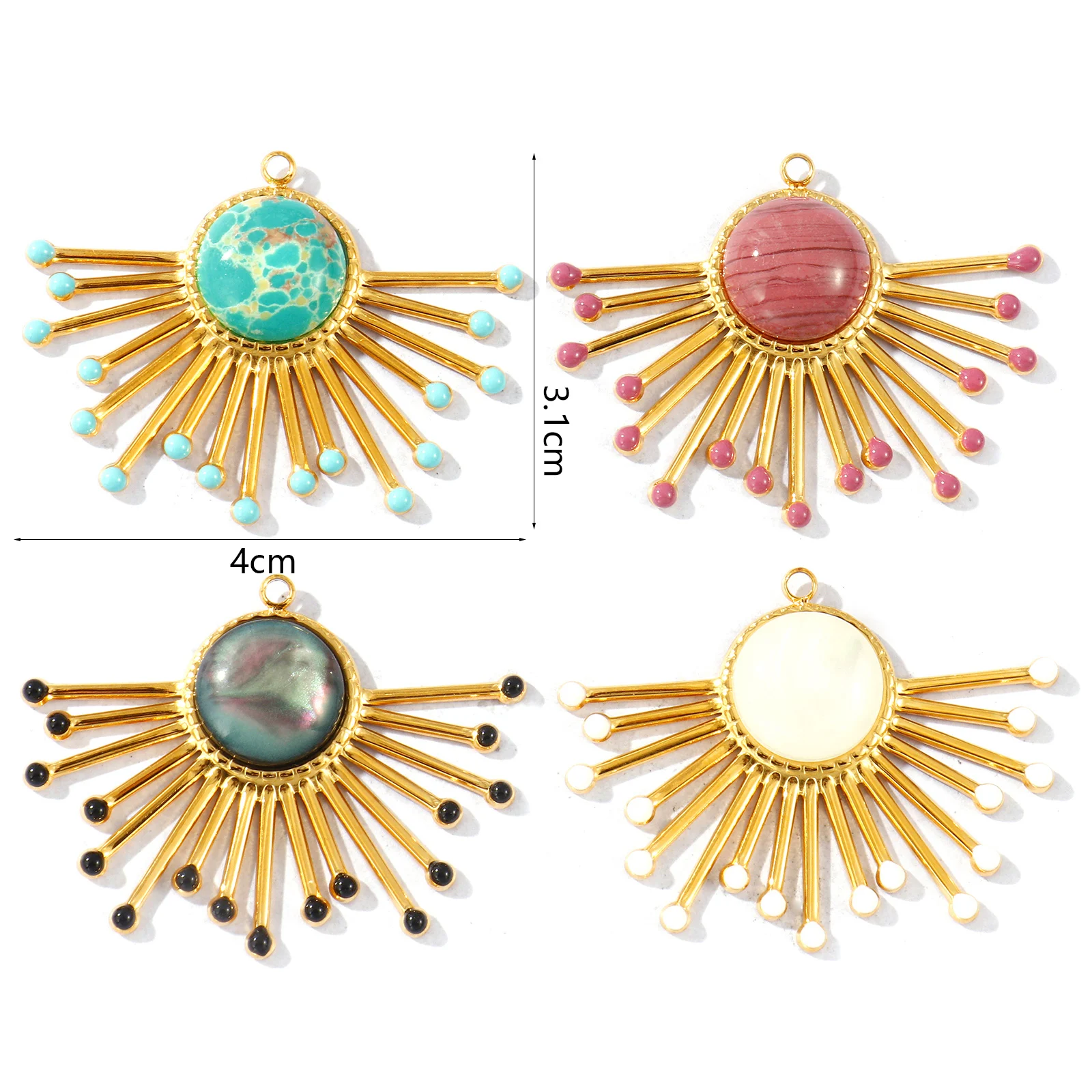 1 Piece Enamel Fan-shaped Natural Stone Pendants 18K Gold Plated 304 Stainless Steel Charms For DIY Necklace Making 4cm x 3.1cm