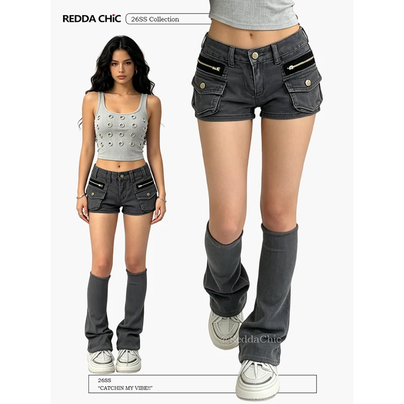 Shorts de Mezclilla Gris Desgastado ReddaChic, Estilo Punk, Bolsillos Grandes, Cintura Baja, Detalle de Cierre, Corte Ajustado, Estilo Cargo, Ropa de Verano Grunge