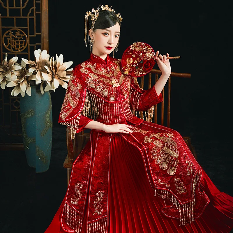 

Yourqipao China Wedding Summer 2023 New Chinese Clothing Traditional Bridal Gowns Golden Temperament Bridesmaid Dresses Sets