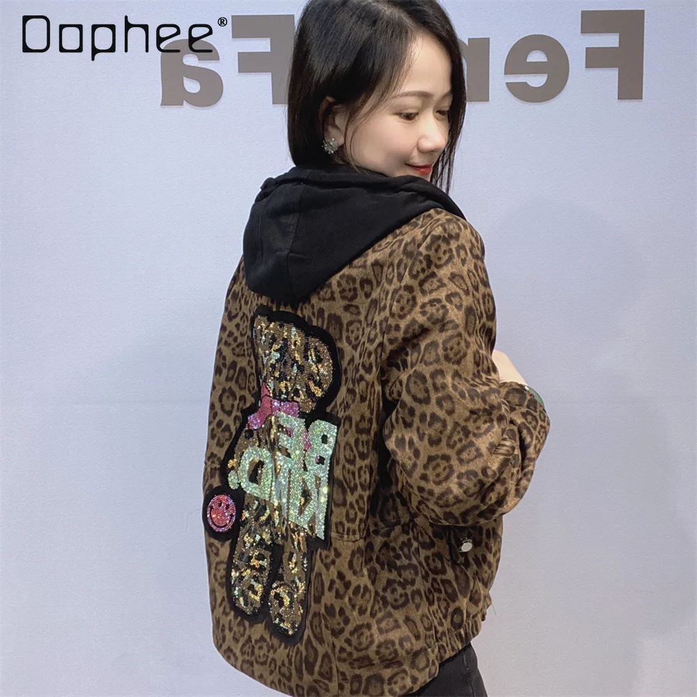 

Модная женская укороченная куртка с капюшоном и леопардовым принтом на молнии, новинка 2026 года, корейская версия, повседневная куртка-топ со стразами