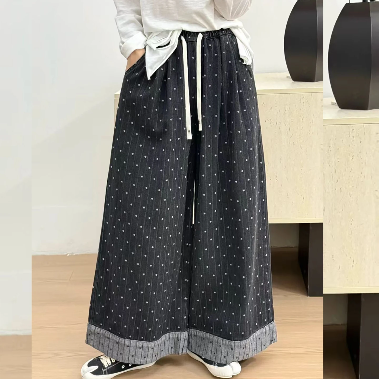 

Японские винтажные полосатые джинсовые широкие брюки Mori Girl с принтом в горошек, женские осенние повседневные прямые джинсы с эластичной резинкой на талии