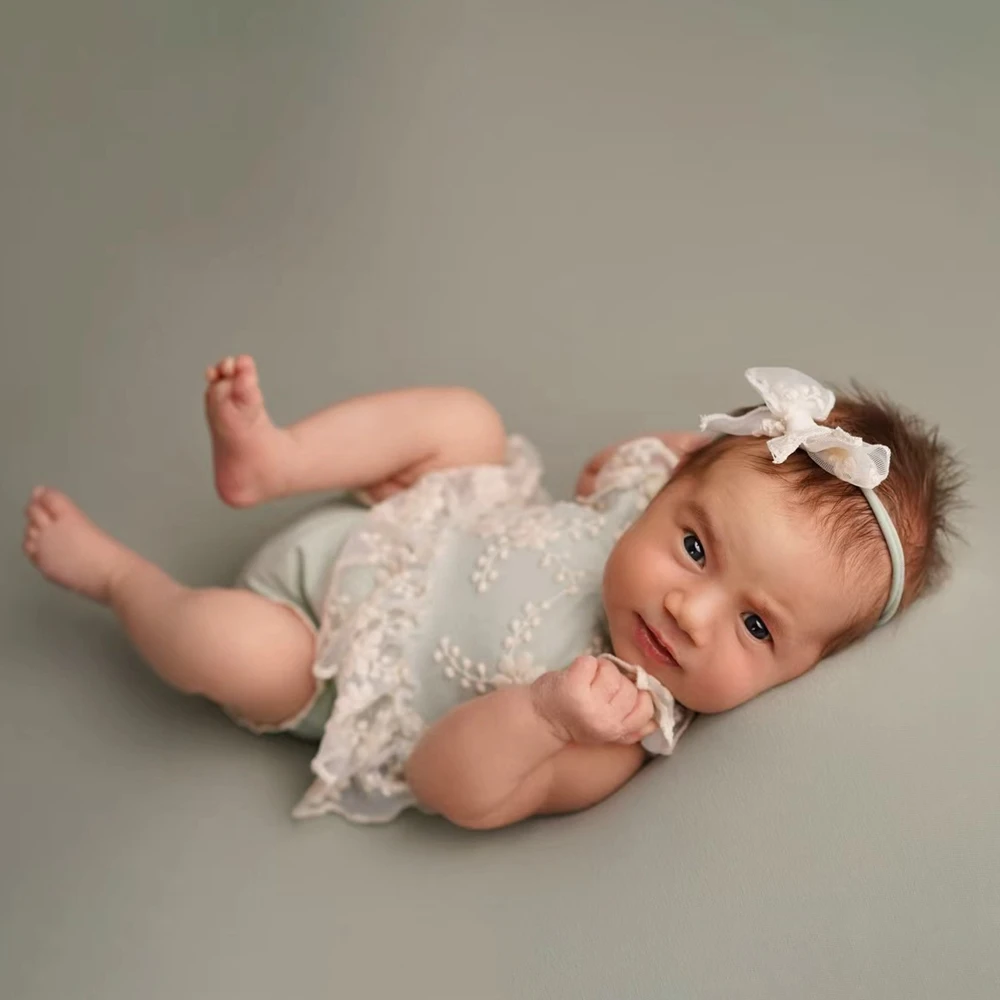 Whimsical Newborn Baby Girl Pastel Green Lace Flutter Romper Floral Embroidery Photography Outfit Newborn Photo Clothes