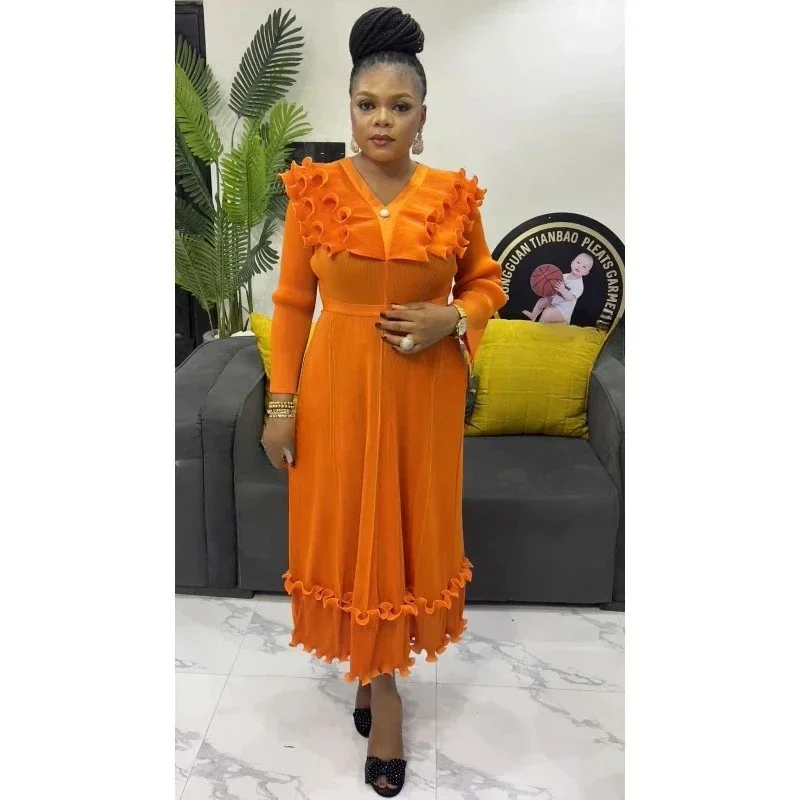 Pleats 2026 New Solid Color Dense Edge Splicing V-neck Dress Fashionable Loose Women's Dresses Fashion Hot Sales
