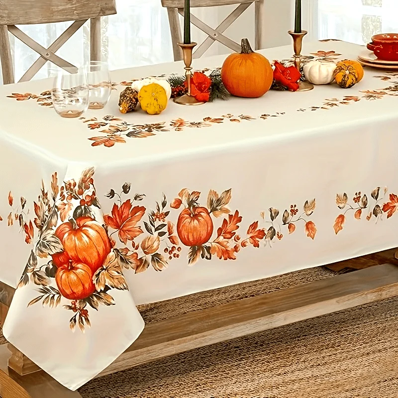 1 piece of linen Thanksgiving traditional autumn harvest tablecloth, with autumn leaves and pumpkin field border print on it.PMJ