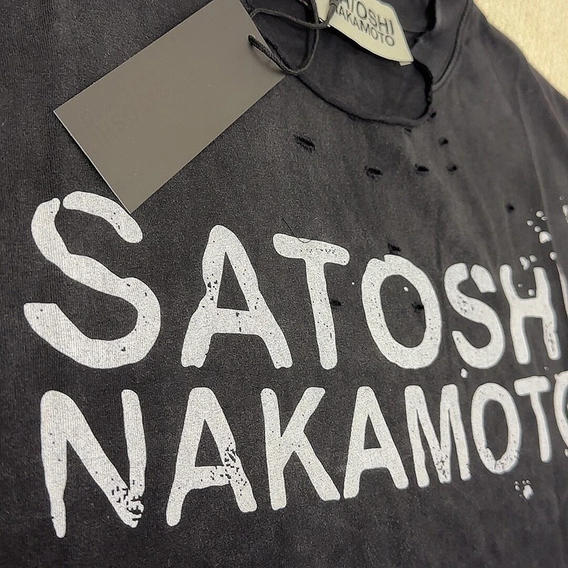 Real Photo Oversize SATOSHI Tshirts Washed Worn Holes Irregular Ink Splashing Fading Letters Round Neck Short Sleeve Men Women