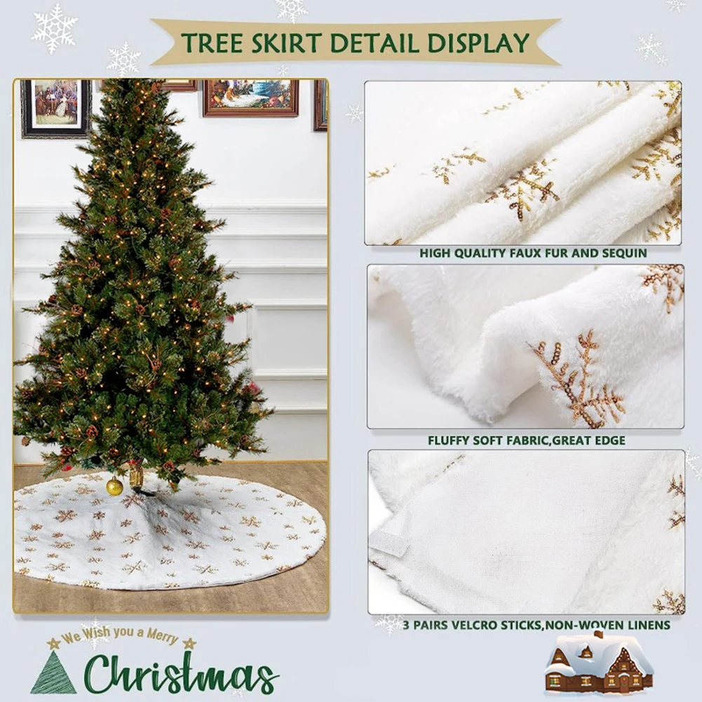 YOUZI 35.4/47.2 Inches Christmas Tree Skirt Plush Xmas Ornaments With Snowflakes Decorations For Xmas Tree