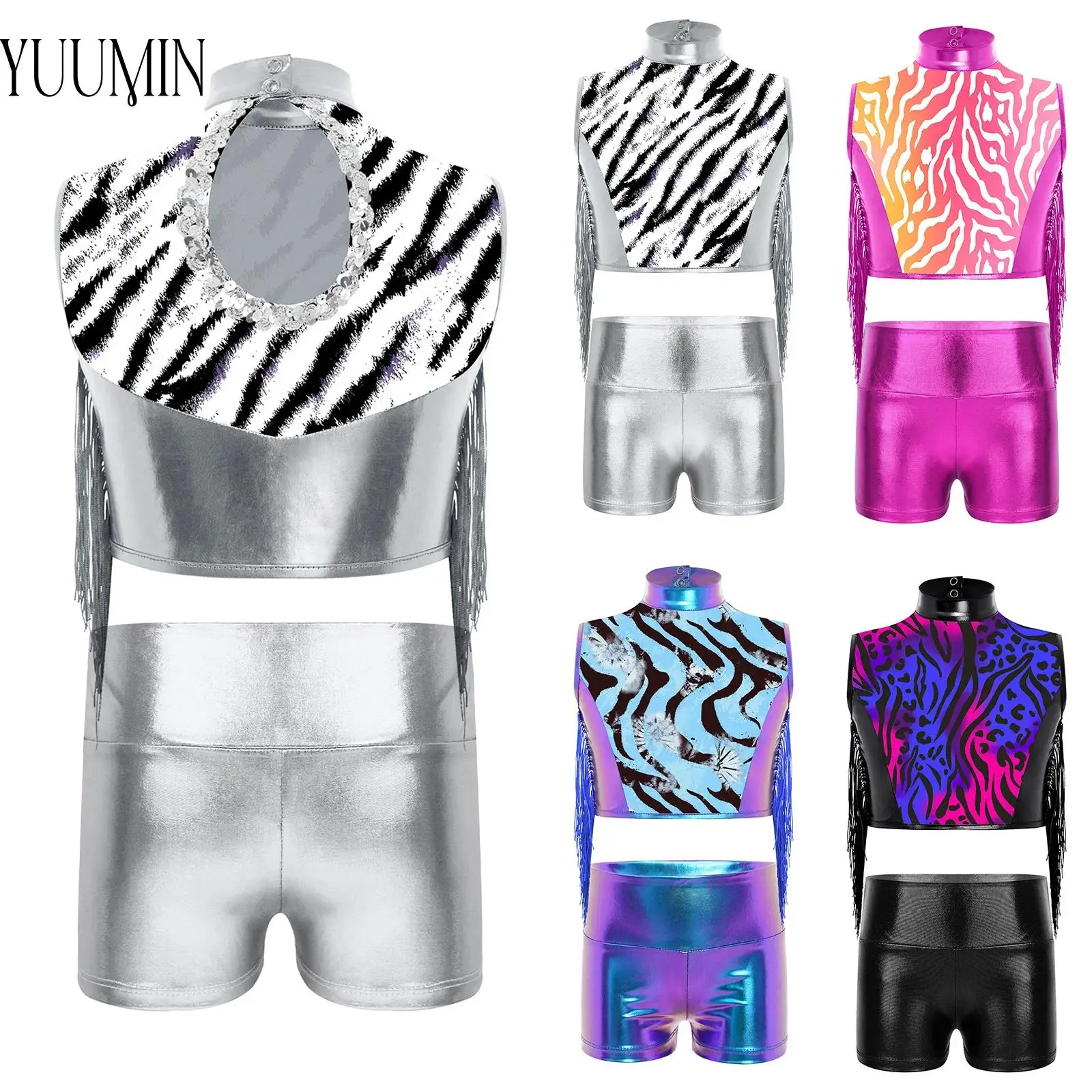 

Kids Girls Zebra-Stripe Gymnastics Jazz Dance Performance Costume Sleeveless Keyhole Back Metallic Tassel Crop Top with Shorts