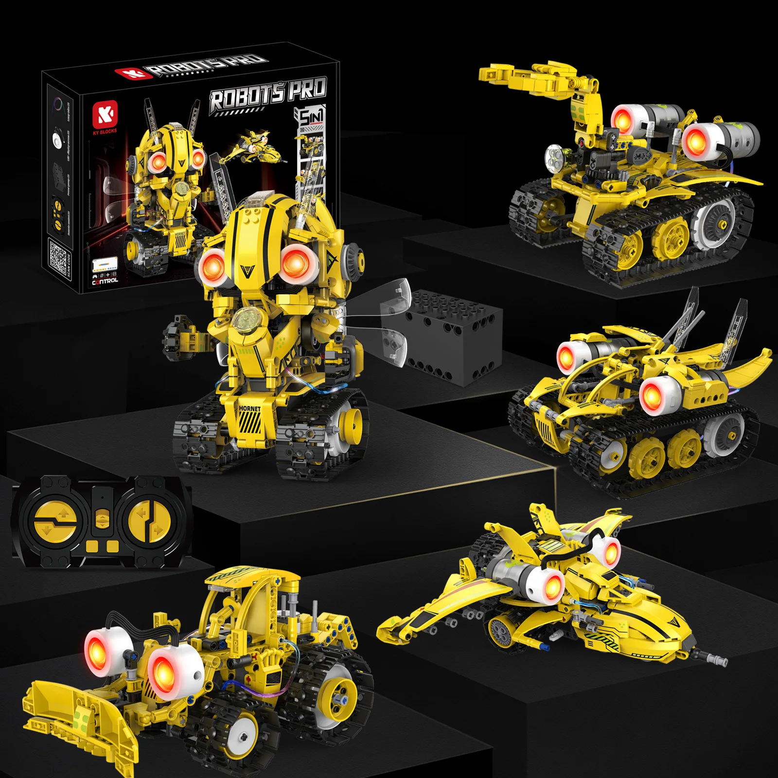 5-in-1 programmierbares Roboter-Baustein-Set, Fernbedienung/APP-Steuerung, Digitalanzeige, Farbsensor, STEM-Spielzeug für Kinder und Erwachsene