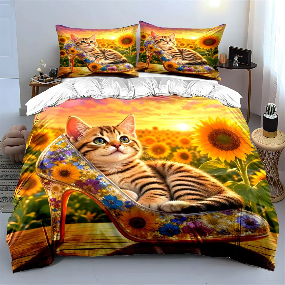 A cat rests in a floral high heel in a sunflower field Print Bedding set 3PC 1duvet cover 2pillowcases adult and children gift