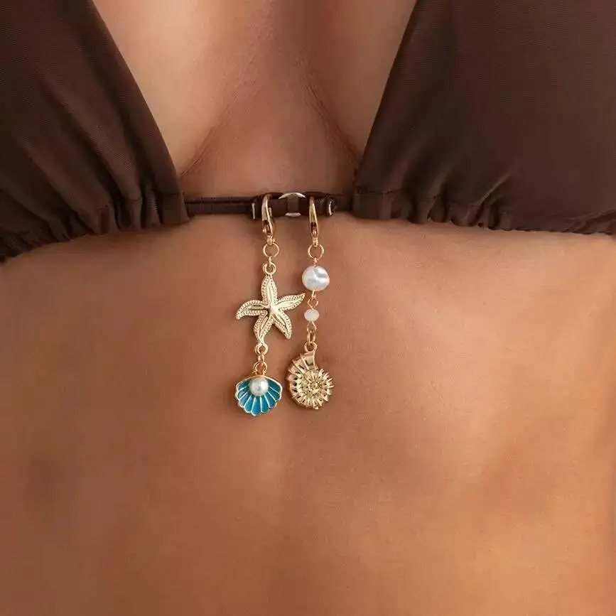 Salircon 2Pcs/Set Y2K Boho Imitation Pearl Starfish Conch Pendent Chest Chain Women Summer Beach Bikinis Bra Chain Body Jewelry
