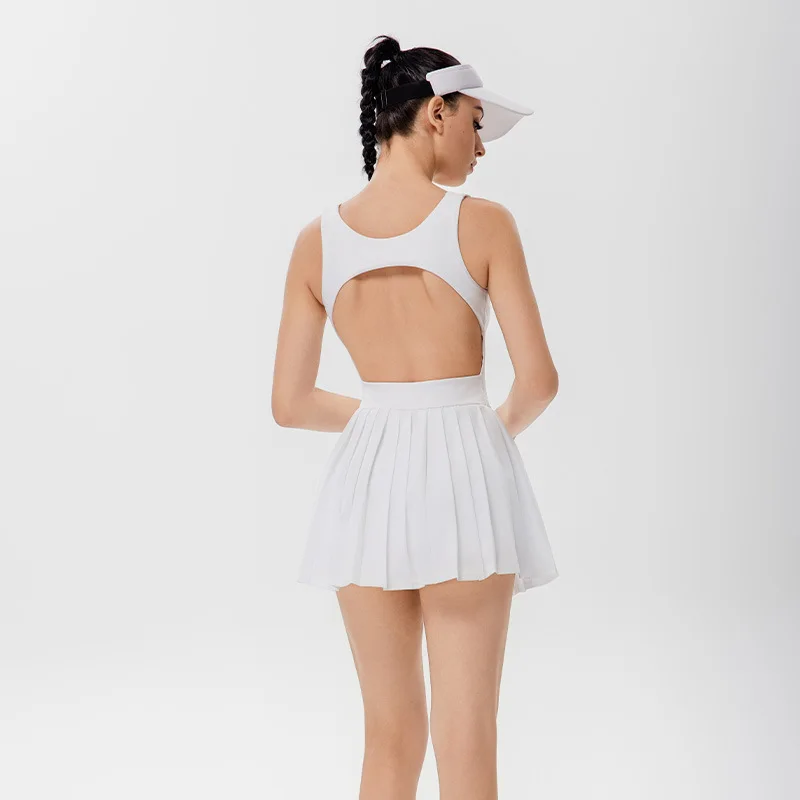

Sean Tsing White Tennis Golf Wear Dress Women Sexy Sleeveless Backless Pleated Sports Quick-drying Breathable Fitness Training