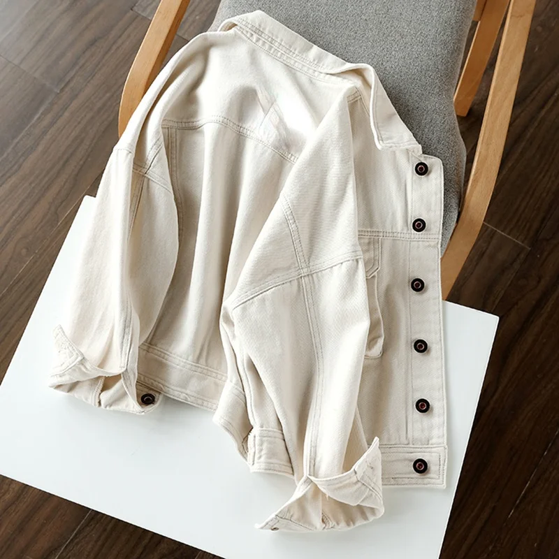 

Women's White Denim Coats, Turn-Down Collar, Button Pocket, Straight Casual, All Match Female Outwear Jackets, Autumn Tops