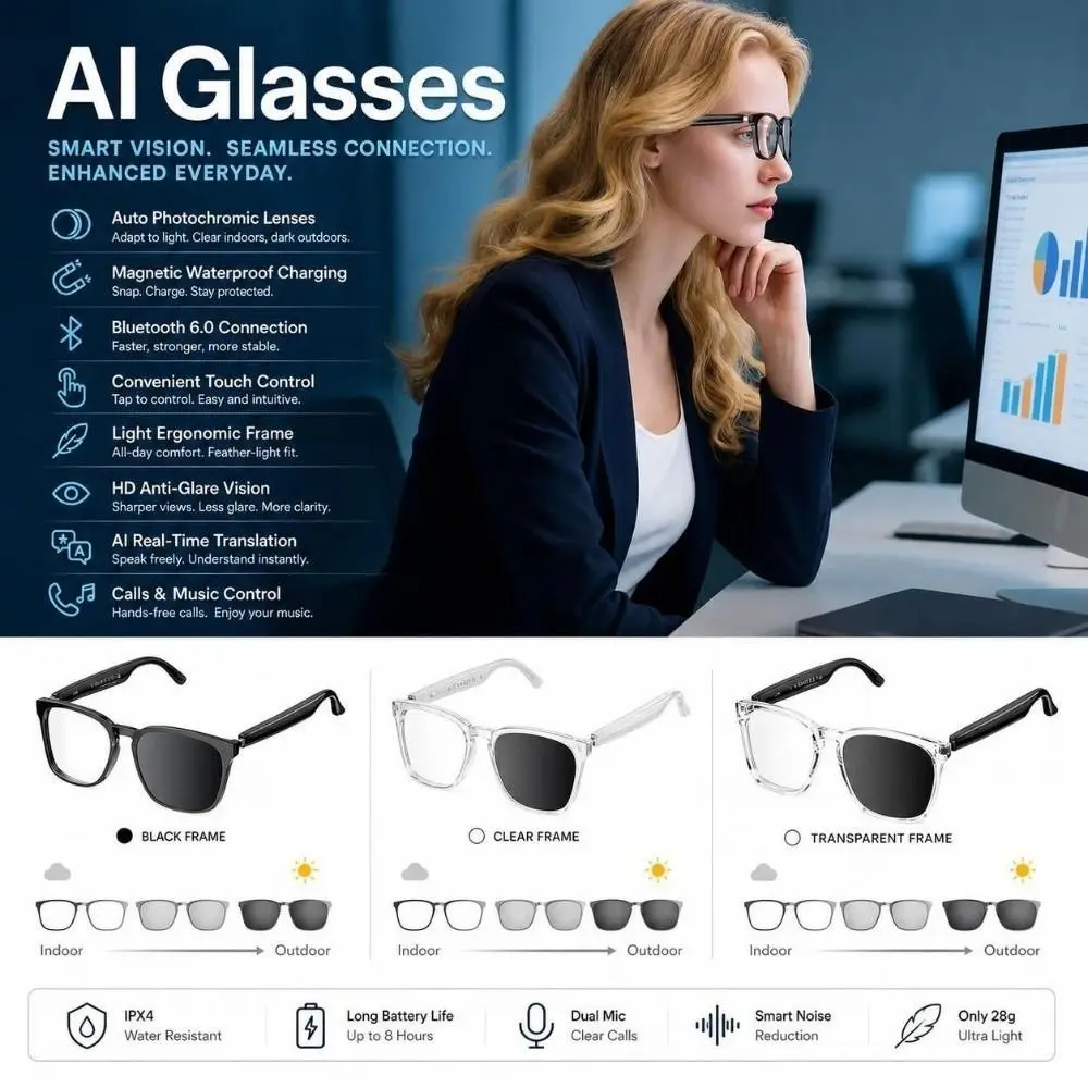 Wireless AI Translator Smart Glasses Hands-Free Call Functions Sell Bluetooth Glasses with Bluetooth Music Streaming Waterproof