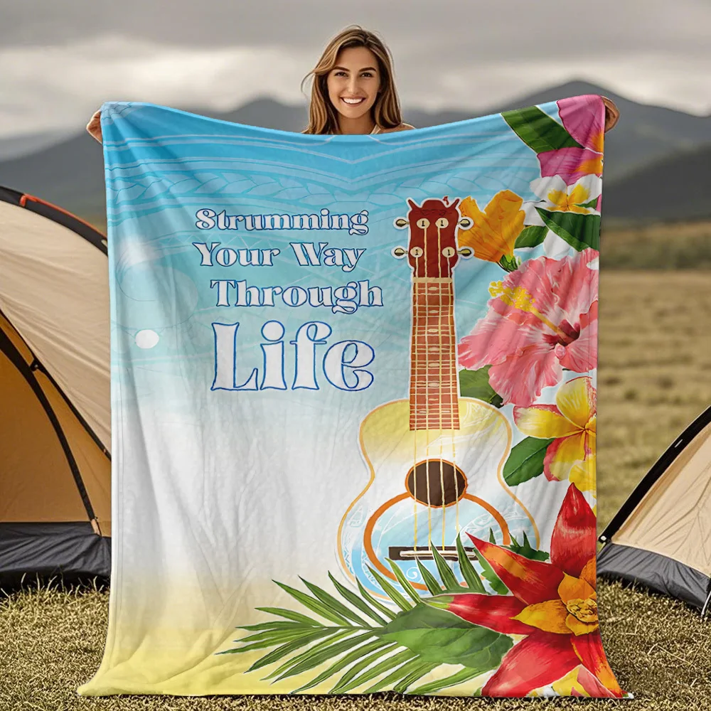 Hawaii ukulele pattern Flannel printed blanket suitable for all seasons suitable for living room office sofa and travel