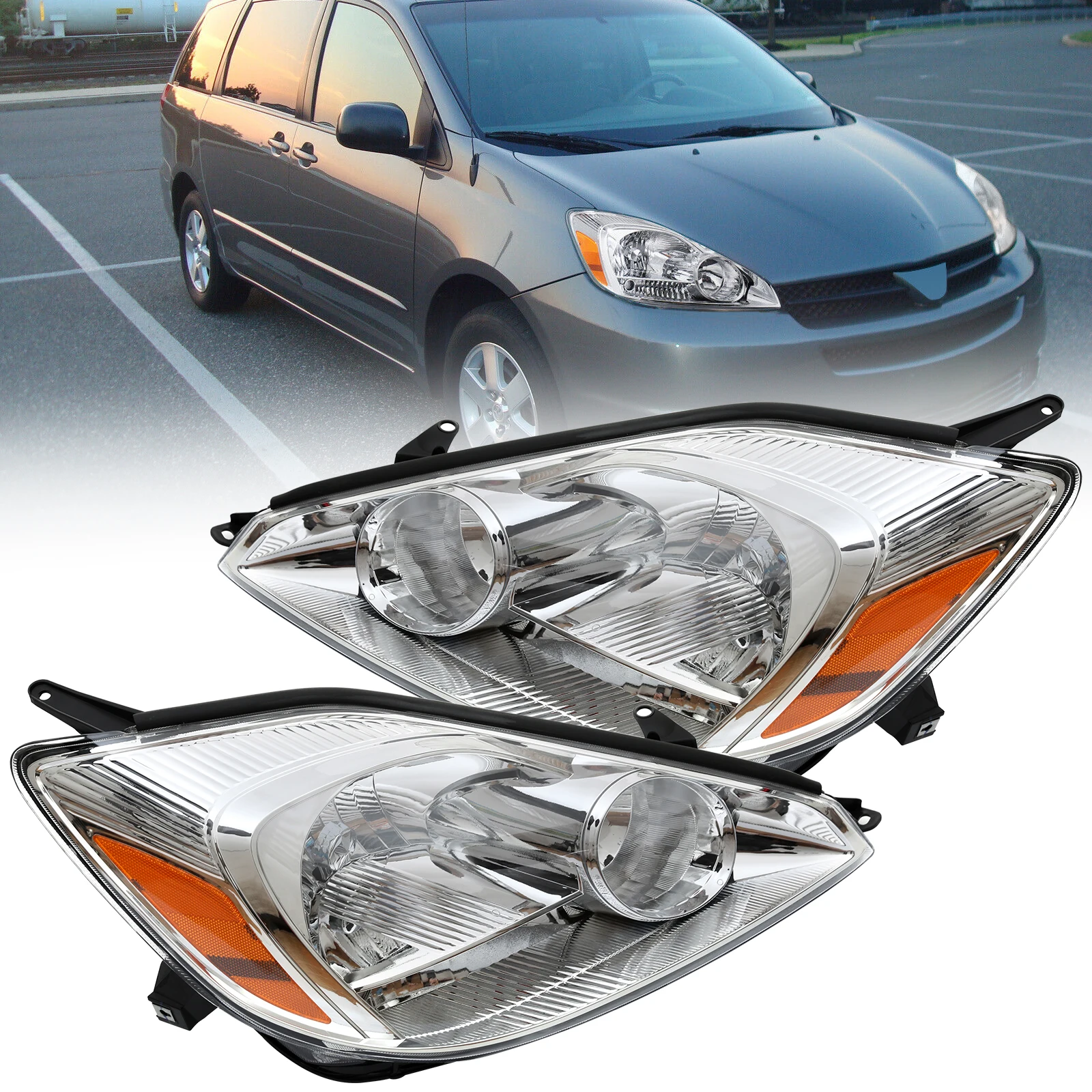 VISHN Headlight Car Headlights for Toyota Sienna 2004 2005  Head Lamp Chrome Housing Driver&Passenger Sidecustom