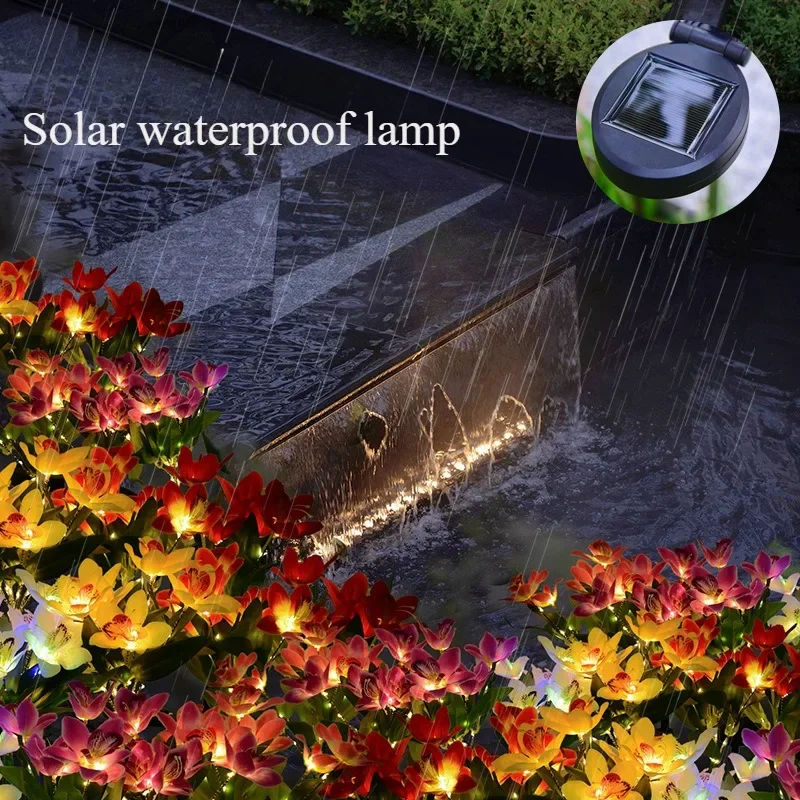 1pc conduziu luzes solares à terra, luzes artificiais do gramado da flor, luzes solares da orquídea de 7 cabeças para a decoração de natal do jardim da jarda do pátio