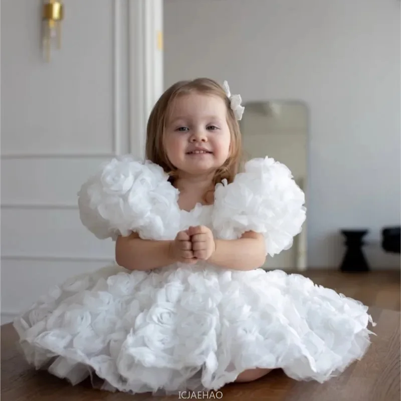 

White Girls Bubble Sleeve Princess Dress Children Birthday Party Flower Newborn Baby Dresses Gown Kids Formal Outfit Vestido
