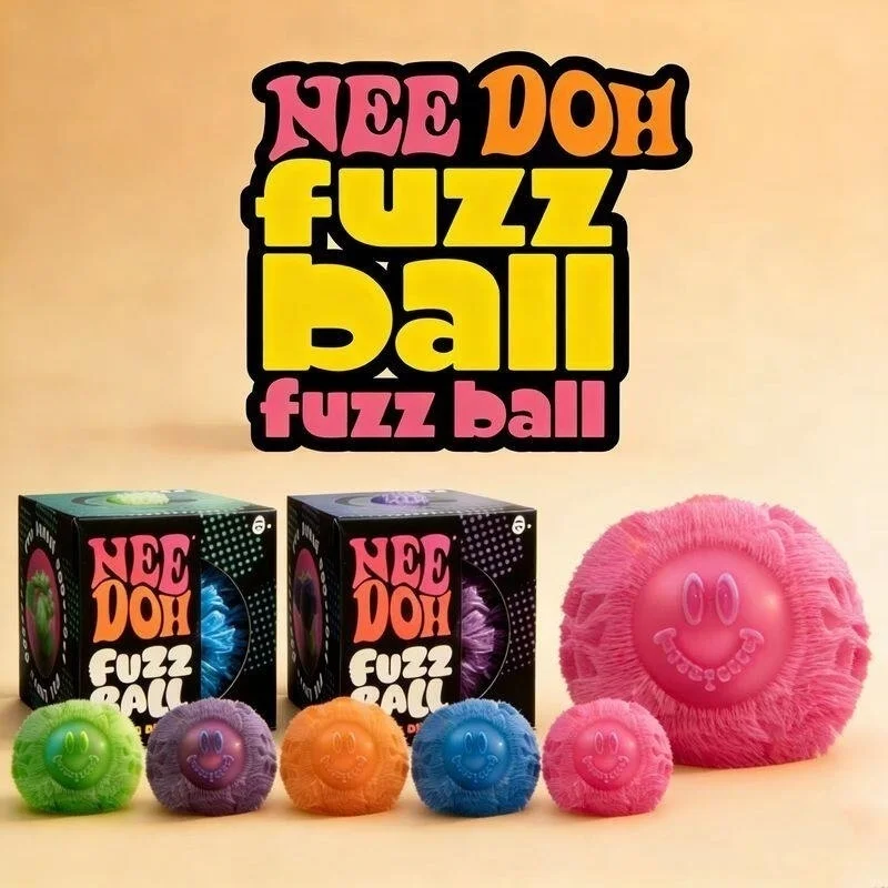 Needoh Fuzz Ball Series Squeeze Tactile Sensory Fidget Toys Multicolored Smiling Face Soft Squishy Anxiety Stress Relief Toy