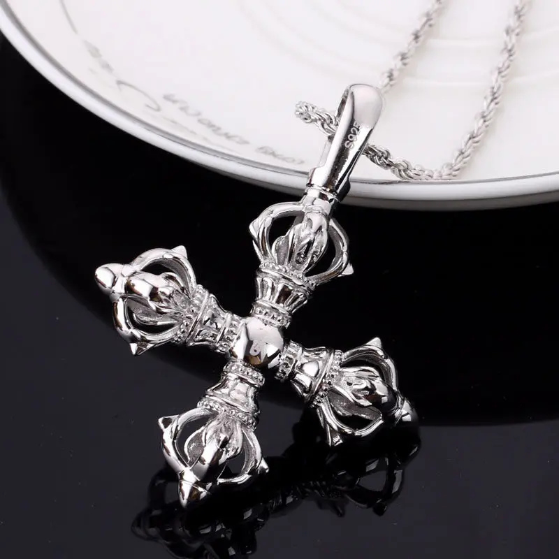 Sterling Silver Five Prong Double Vajra Pendant Vintage Buddhist Necklace Charm, Decorative Charm for Personal Wear