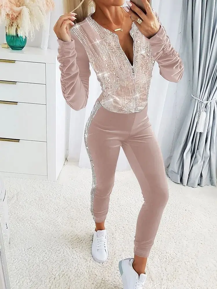 Autumn Winter Velvet Sets for Women 2 Pieces Suits Female Clothing Casual Contrast Sequin Zipper Design Coat & Pants Set Tracksu