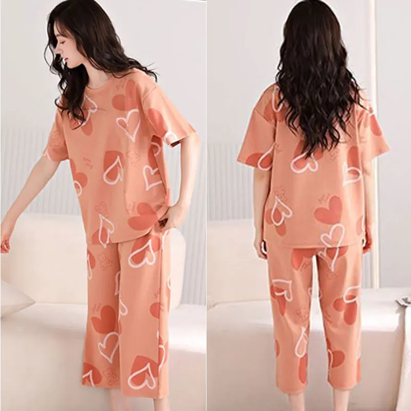 2-piece Set Girls Sleepwear Women Cartoon Casual Homewear Clothes Women Summer Short-sleeve Three-quarter Pants Pajama Set
