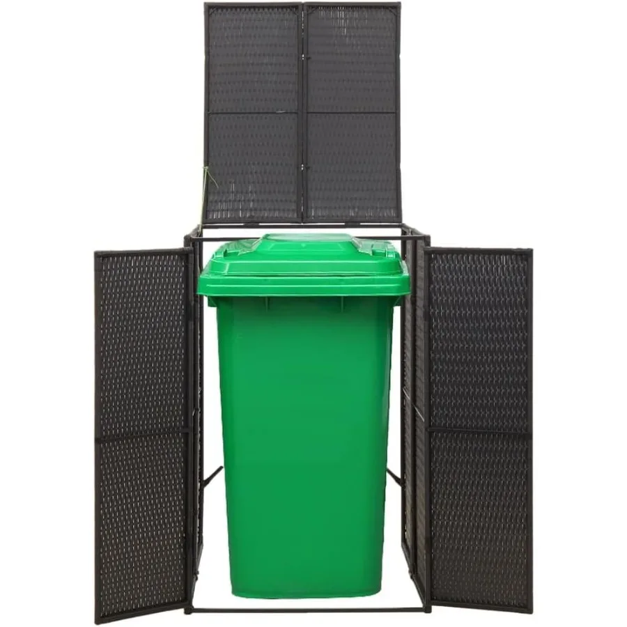 Single Wheelie Bin Shed, Durable Black Poly Rattan Storage Enclosure for Outdoor Patio and Garden, 27.6