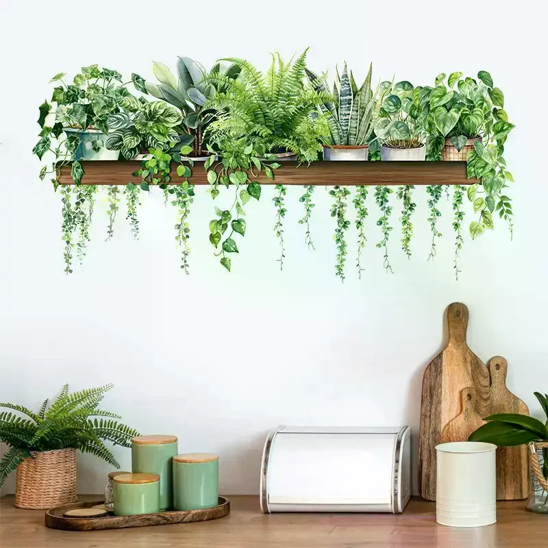 1 Sheet 3D Green Hanging Plant Wall Sticker Wooden Shelf Potted Greenery Mural Removable Kitchen Living Room Home Decor Kit