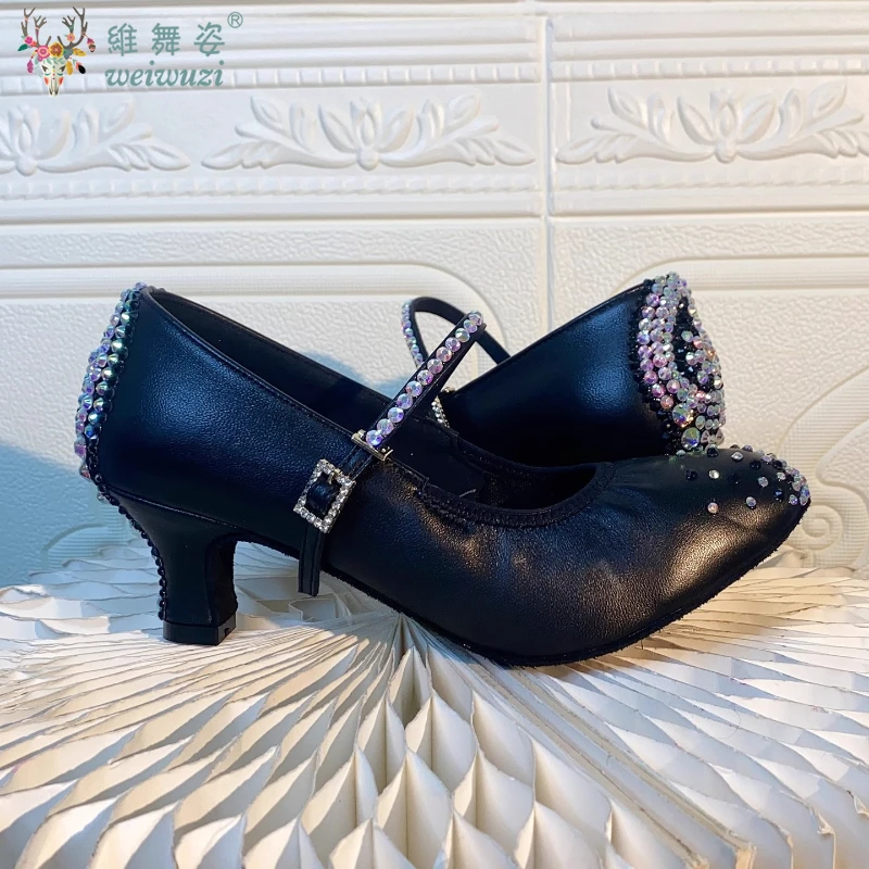 Latin Dance Heel Diamond Schuhe für Damen Senior AB Stones Walzer Social Dance Schuhe Mädchen Moder Ballsaal Latein Schwarz Pool Schuhe