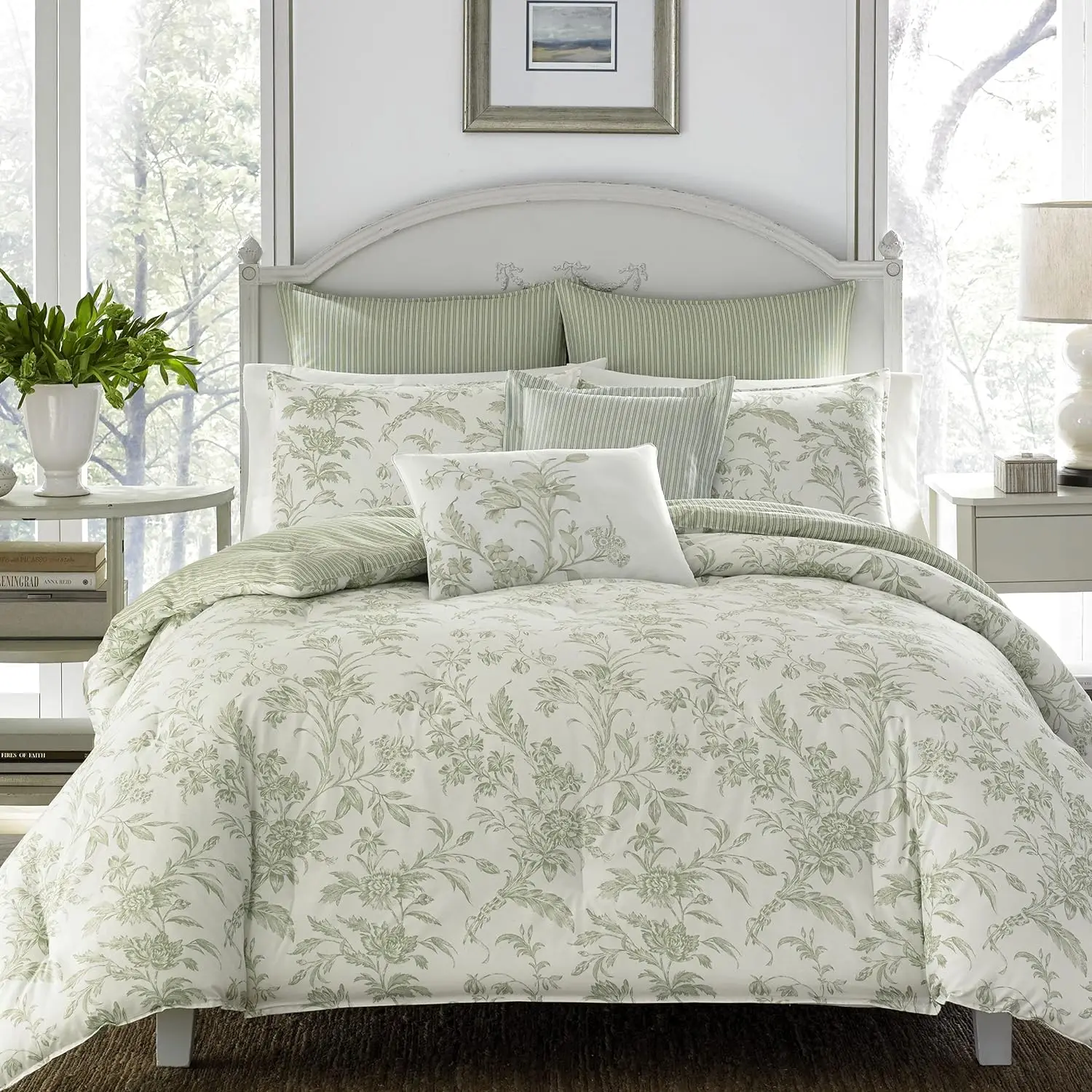 

Twin Size Comforter Set, Reversible Cotton Bedding, Includes Matching Sham with Bonus Euro Sham & Throw Pillows Off White