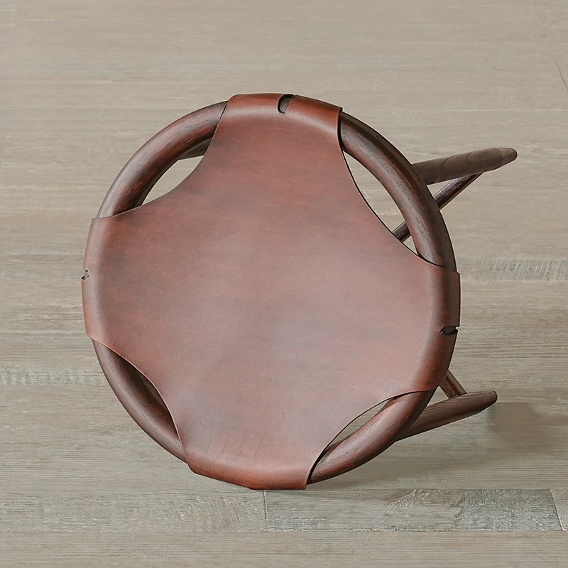 Engraved handmade saddle leather seat surface round stool wabi-sabi wind tanning solid wood small round stool small table