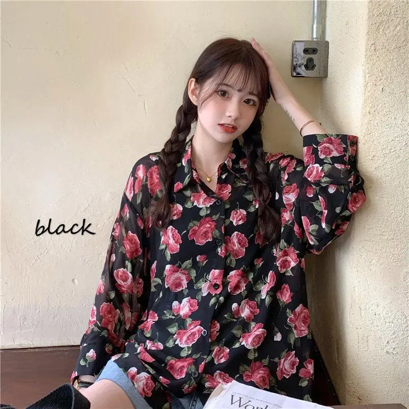 

Floral Print Long Sleeve Women's Shirt Summer Vintage Hong Kong Style Korean Version Individual Flower Top Design Sense