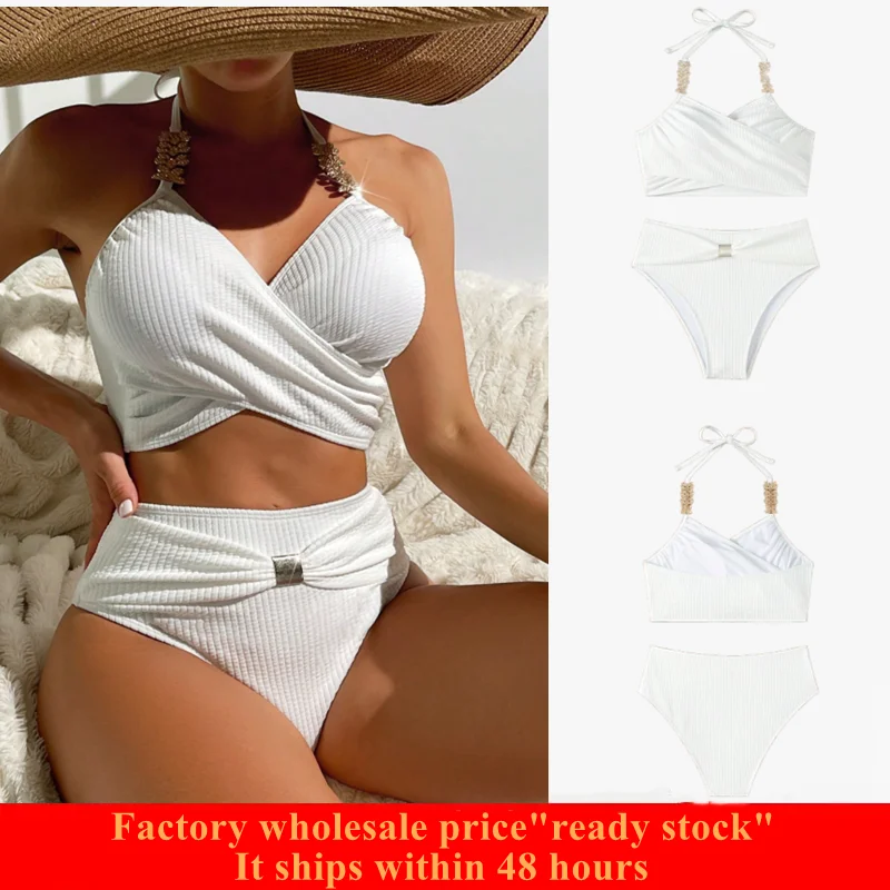 

Bikini Women Swimwear 2 Piece Set Swimsuit Brazil Sexy White Chain Linked Halter Summer Beach Bikini Set Bathing Suit Striped Sw