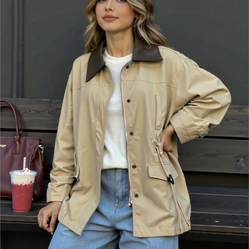 

Осень 202, женский Тренч в корейском стиле с цветными блоками, дизайн с воротником, застежка на талии, верхняя одежда цвета хаки с завязками на талии