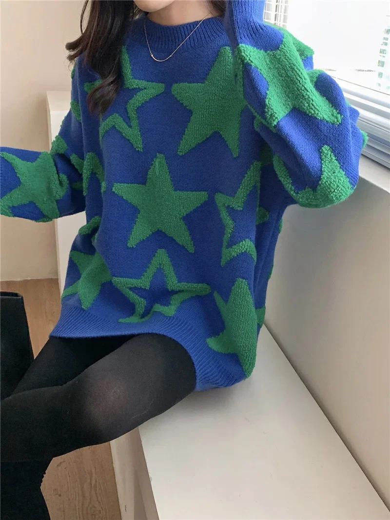 Jersey de punto japonés para mujer, Top suelto con patrón de estrella de Hong Kong, suéter de cuello redondo de viento perezoso, otoño e invierno, nuevo