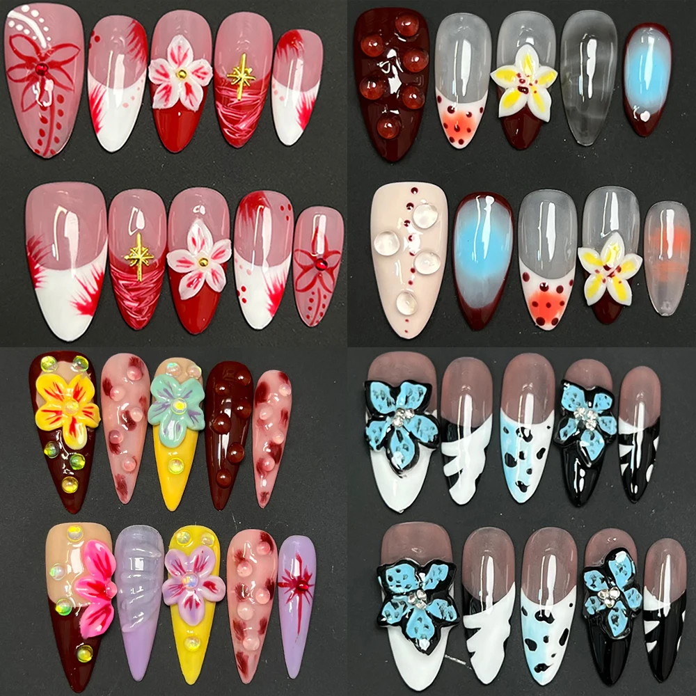 

Y2K Spicy Girl Flowers Series Handmade Press On Acyrlic Nails Colorful Gradients Pearl Diamond Detachable French False Nails