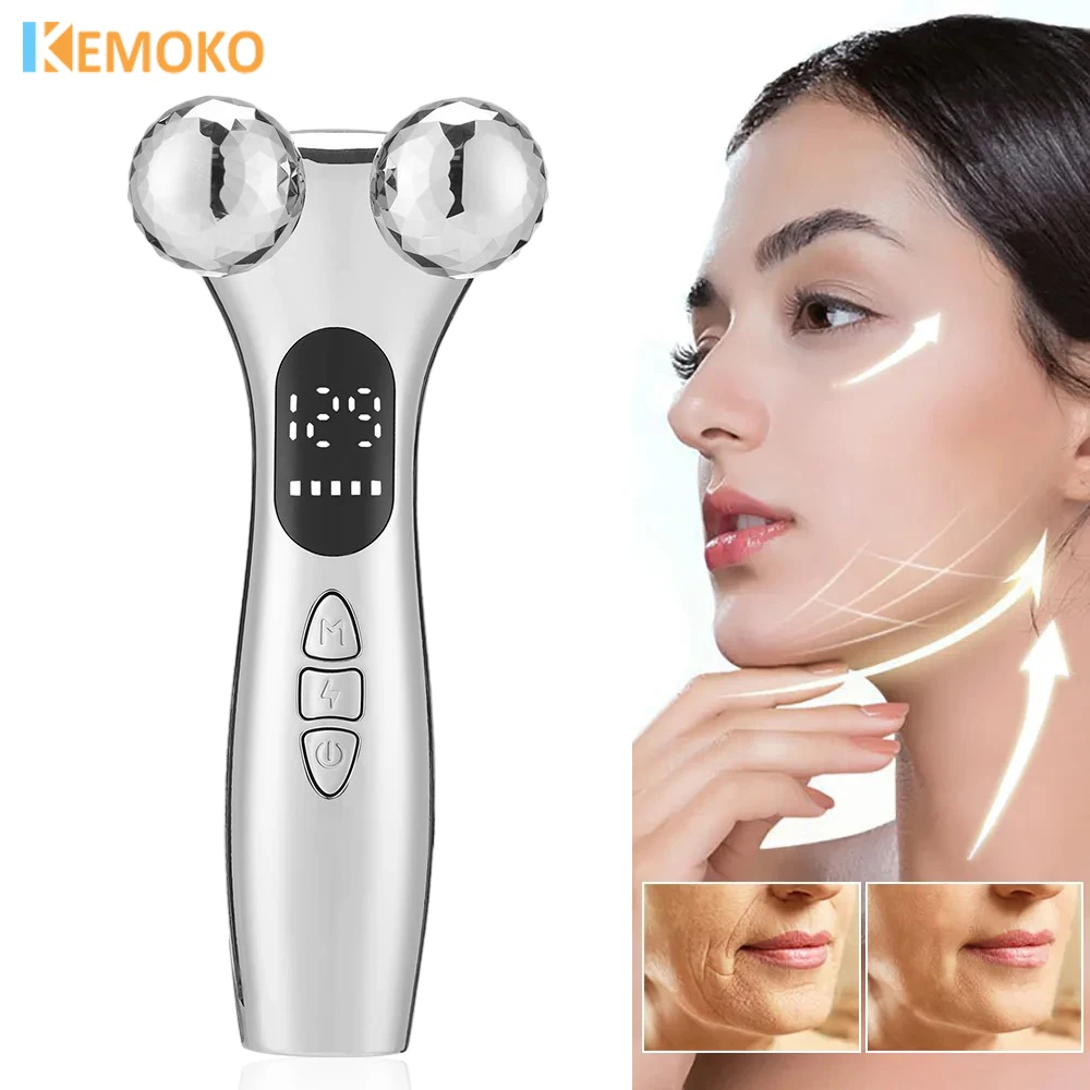 Microcurrent Face Roller Massager EMS Vibration Eye Massage V Face Double Chin Remover 360 Rotate Roller Facial Lifting Beauty