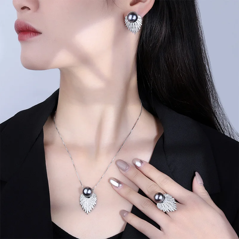 

Jewelry S925 silver plated 18K gold inlaid mother-of-pearl Korean style fashion gray pearl set 12mm holiday gift