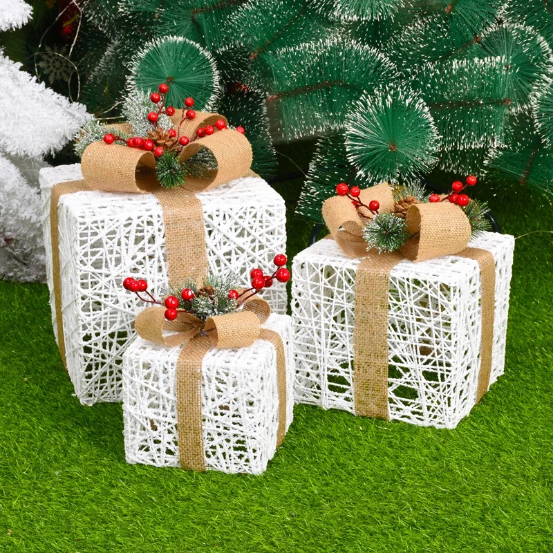 Christmas Wrought Iron Gift Box Warm White Christmas Ornament Three-piece Set With Battery Box Holiday Light String Boxes