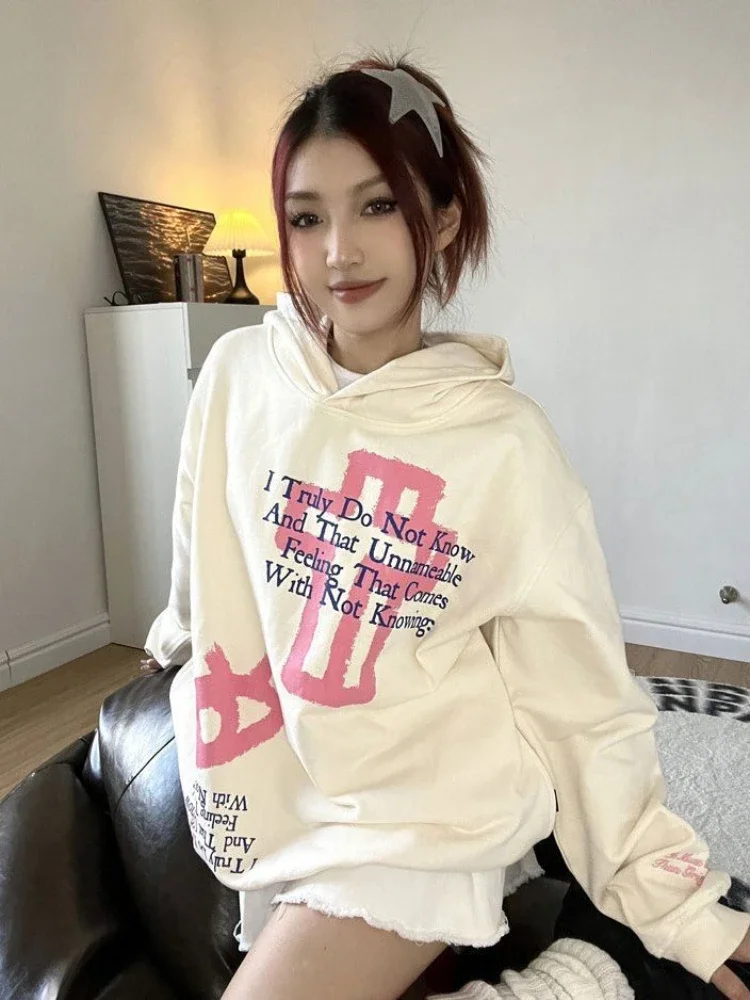 

Letter Printing Cute Apricot Sweatshirts for Women Kawaii Tops Female Clothes Hoodies Graphic Baggy Loose Text Pullovers Hooded