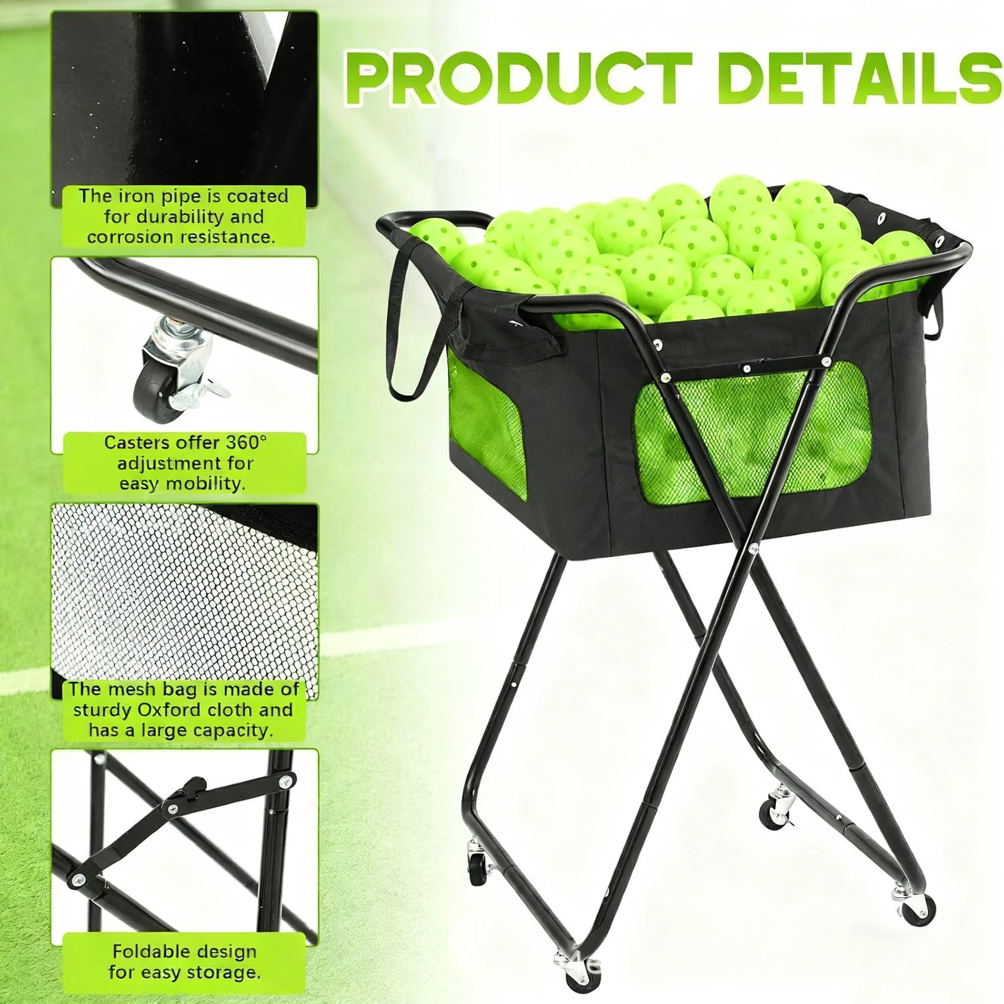 Portable Lightweight Metal Steel Pickleball Ball Cart Oxford Fabric Carry Bag for 120 Tennis Balls 100 Pickleballs Outdoor Use