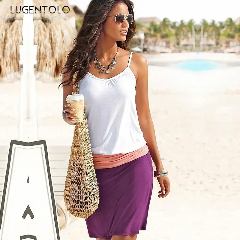 Women Beach Summer Dress Casual Patchwork Folds Spaghetti Strap Sleeveless Female Pullover Simple Holiday Short Clothing