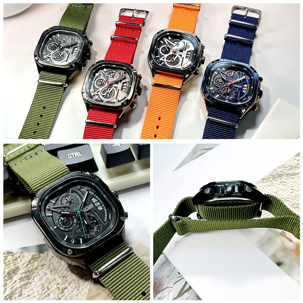 Fashion Megir Black Quartz Watch Men Waterproof Square Dial With Chronograph Full Stainless Steel Strap Luminous Hands Auto Date